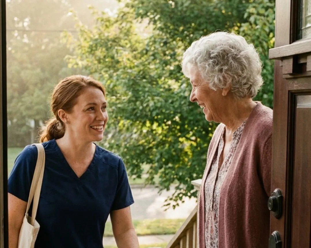 A caregiver greeting an older woman at her front door