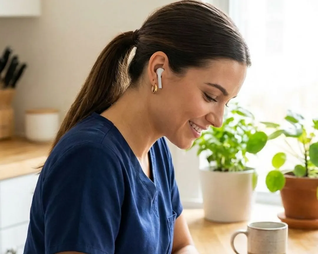 A caregiver working through her training at a table by the window