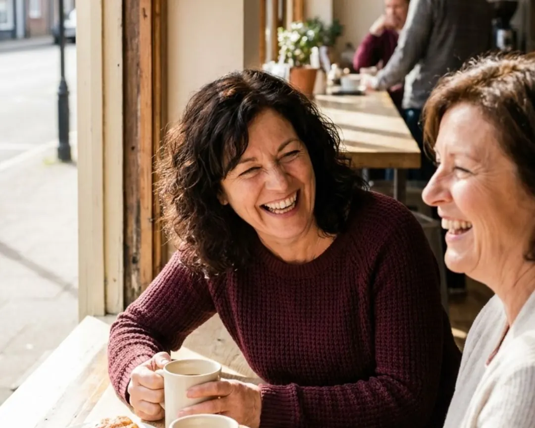 Two women laughing over coffee at a cafe table