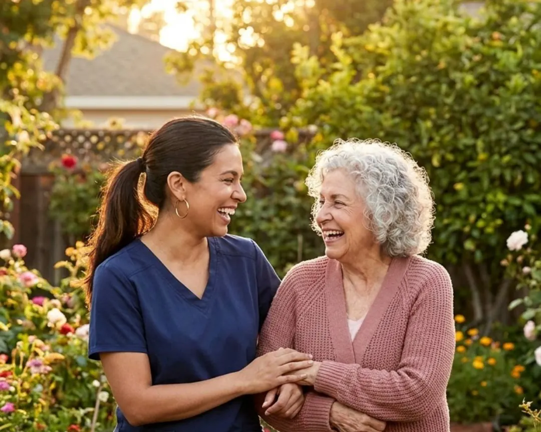 A caregiver and an older woman walking arm in arm in the garden