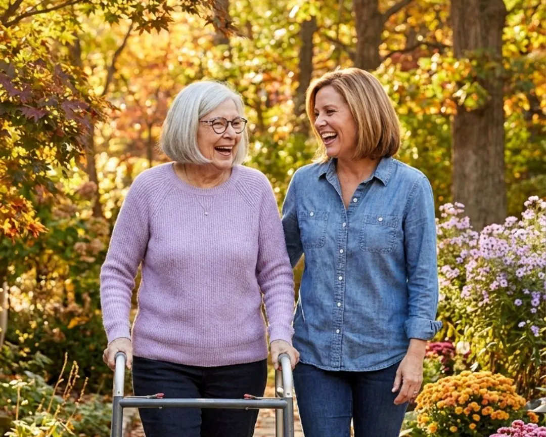 An older woman with a walker on a garden path beside her companion