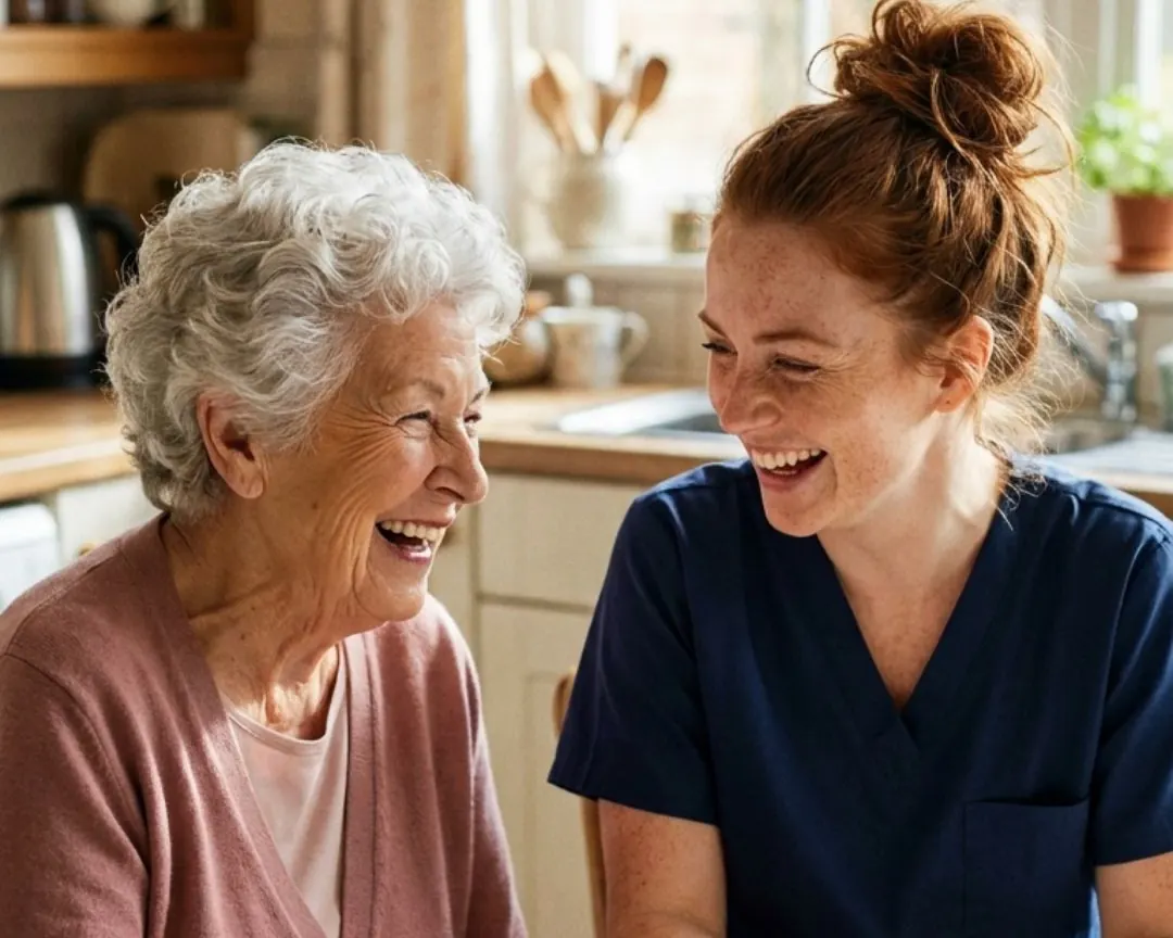 A caregiver and an older woman sharing lunch and coffee at the kitchen table