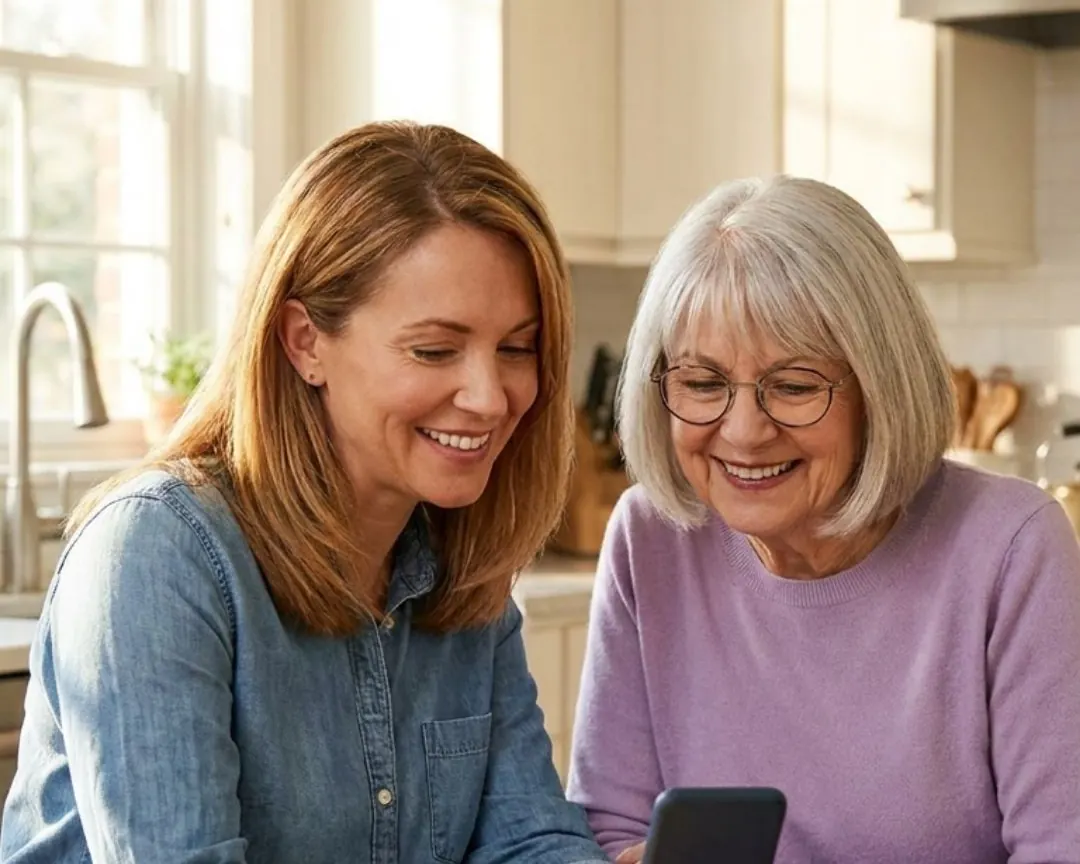 A daughter showing her mother something on her phone at the kitchen table