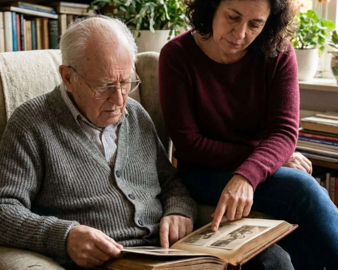 A companion and an older man looking through a photo album