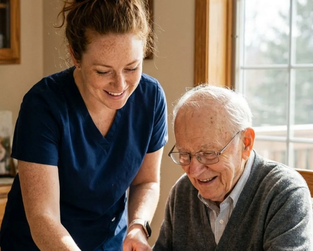 A caregiver and an older man working on a jigsaw puzzle together