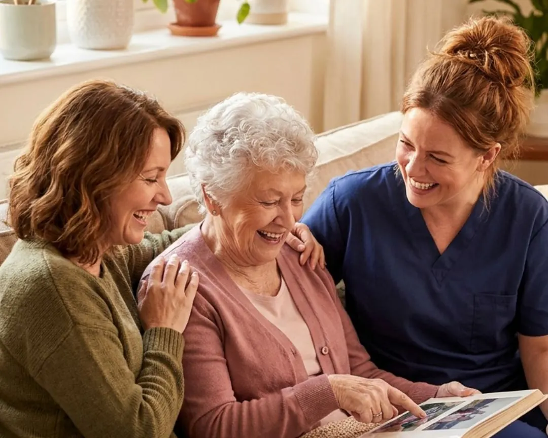 A caregiver, an older woman and her daughter looking at a book together on the sofa