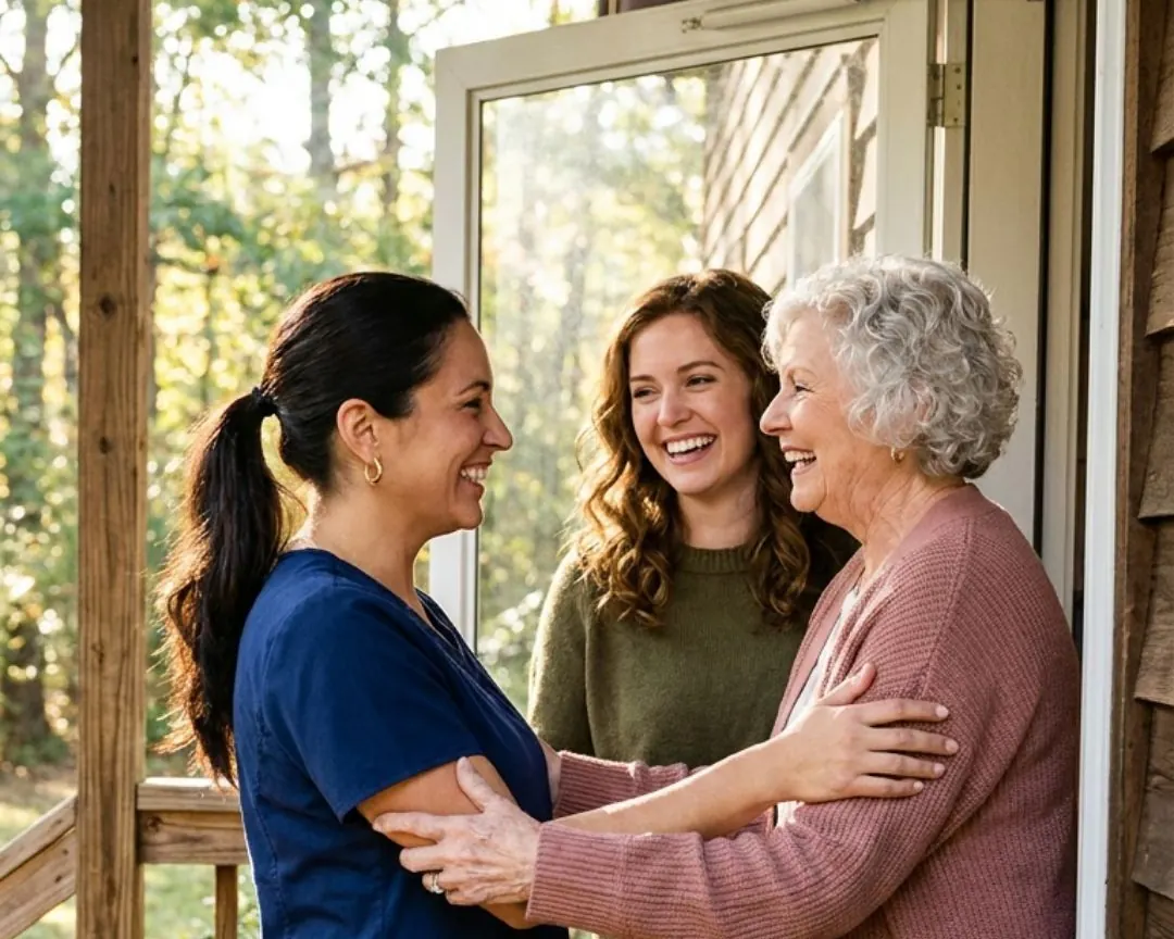 A caregiver being welcomed on the front porch by an older woman and her daughter